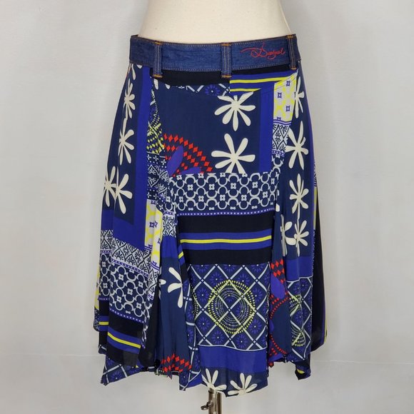 DESIGUAL Blue Patchwork Flare Skirt 40/6 EUC - Picture 3 of 9